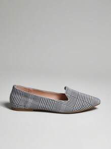 SHUZIA 一脚蹬尖头格纹芭蕾平底鞋，秋冬季圣诞节假期度假氛围 - 淺灰色 - 查看 4