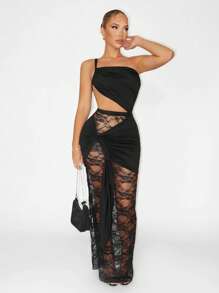 Sirith Vestido transparente de encaje de unicolor sexy para mujer - Negro - Ver 3