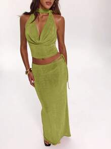 SHEIN BAE 优雅性感露背吊带上衣和半身裙两件套，适合约会之夜、单身派对、婚礼宾客、节日、海滩度假 - 春夏早午餐服装、毕业典礼服装、女士婚礼宾客礼服、春季服装 - 橄欖綠 - 查看 6