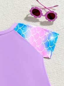 少女圆领插肩袖夏季半开前鱼鳞印花连体泳衣 - 紫色 - 查看 5