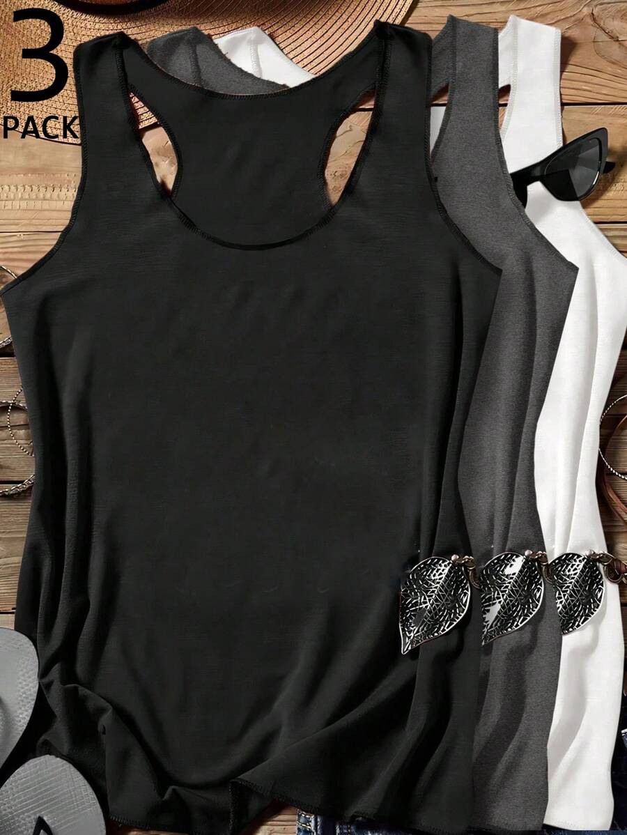 SHEIN LUNE 3pcs/Pack Women Casual Camisole Tank Tops, Slightly Sheer For Spring & Summer Layering Back To School - Multicolor - View 1