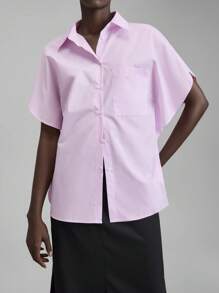 Ontre 2025 Spring & Summer Plain Color Bat Wing Short Sleeve Single-Breasted Pocket Loose Casual Shirt, Pink Ladies Holiday Top, Interesting Blouse For Beach, Party, Basic Everyday Wear, Festival, Versatile Office Commute, Music Festival - Purple - View 10