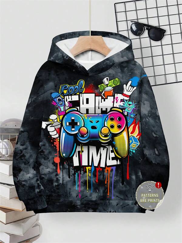 SHEIN sweat-shirt à capuche ample et décontracté avec imprimé de console de jeu de bande dessinée simple, convient pour les adolescents garçons, adapté pour l'automne et l'hiver