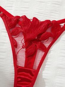 2 件性感枫叶蕾丝文胸内衣套装，半透明 - 紅色 - 查看 4
