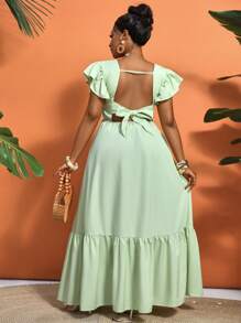 SHEIN Unity Women's V-Neck Ruffle Sleeve Waist-Cinched Dress With Tie-Back - Green - View 2