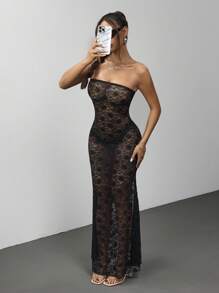 SHEIN Unity Sexy Lace Bandeau Mermaid Hem Dress, Spring/Summer - Black - View 4