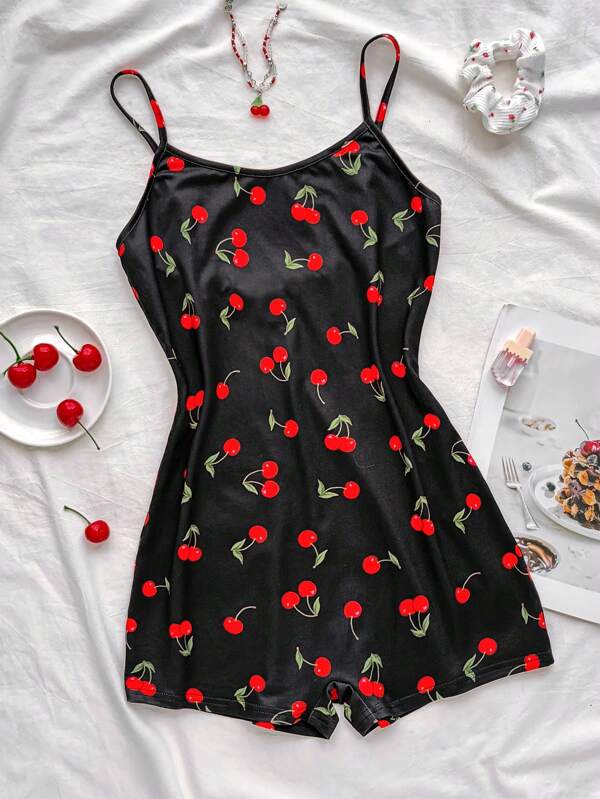 Teens Mädchen Sommer Schwarz Strick Kirsche Muster Träger Rückenfrei Eng Y2K Lässig, Süß und niedlich, Kirsche Rückenfreier Jumpsuit
