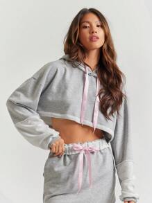WESTFADE Terrycloth & Satin Ribbon Two Tone Sporty Long Sleeve Cropped Hoodie Sweatshirt Casual Cute Summer - Grey - View 6