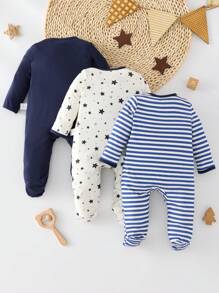 SHEIN 3pc Newborn Baby Boy Striped & Star Pattern Crew Neck Long Sleeve Zipper Front Knitted Soft Romper Set Print Fall Winter - Navy Blue - View 2