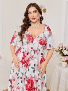 Modelyn Robe midi élégante pour les vacances avec encolure en V, manches courtes à volants, taille plissée et imprimé floral pour femmes grandes tailles