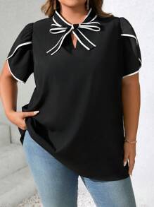 SHEIN CURVE+ Große Größen Lässig Kontrast-Farbiger Kragen mit Krawatte Vorderseite Hemd, Sommer-/Land-/Strandurlaubs-Outfits/Strand-Outfits/Strand-Bekleidung