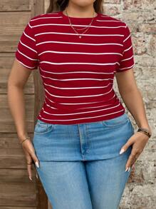 SHEIN LUNE Plus Size Colorblock Striped Round Neck Regular Shoulder Short Sleeve Casual T-Shirt, Summer,Business Casual Woman - Red - View 3