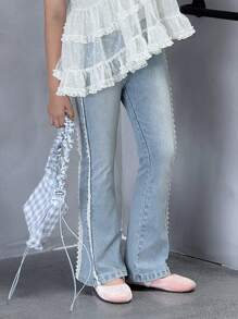 DAZY Tween Girl Denim Bell-Bottom Pants With Lace Patchwork, Summer, Back To School Clothes,Fall Clothes - Blue and White - View 4