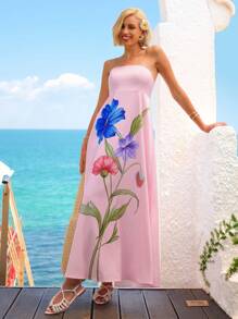Vivid Eden Women's Summer Pink Floral Tropical Strapless Maxi Dress,Elegant Garden Party Vacation Holiday,Hawaii Beach Outfits,Tea Party Birthday Dress - Multicolor - View 9