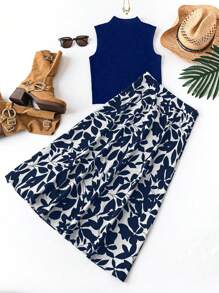 SHEIN Clasi 2 件女式无袖立领上衣和纯色裙子套装 - 藏蓝色 - 查看 2