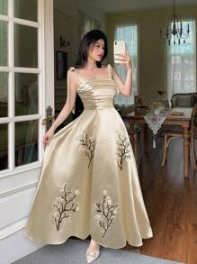 Feyla Women Embroidery Decor Elegant Long Dress