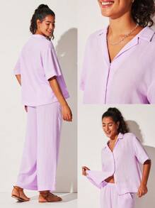 LUVLETTE Breathable Cotton Linen Basic Short-Sleeve Button-Up Top & Pants Loungewear Airy Pajama Set Fashion Casual Comfy Outfits Pants With Pockets  Lingerie As Outerwear