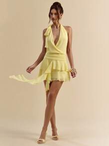 SHEIN BAE 奶油黄色垂坠领口系带荷叶边下摆迷你裙连衣裙，优雅甜美可爱的夏季连衣裙，适合音乐节、度假、海滩 - 黃色 - 查看 5