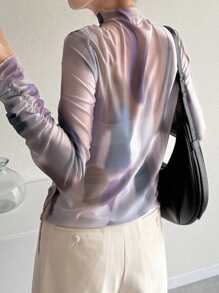 FRIFUL Women's Tie-Dye Sheer Mesh Slim Fit Casual Versatile Long Sleeve Top, Beachwear & Vacation - Multicolor - View 5