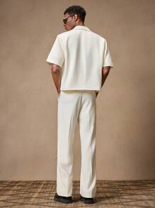 AKNOTIC 2pcs Casual Business Men's Tailored White Short Sleeve Suit Blazer Set, With Chain Decoration, Suitable For Summer, Vacation, Wedding, Party, Graduation Gift Men White Suit Set Men's Co Ord Set Cream Outfit Men Resort Outfit Two Pieces Set - White - View 4