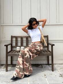 SHEIN EZwear Summer Graphic Sweatpants Western Wear Camouflage Print Elastic  Wide Leg Pants - Army Green - View 4