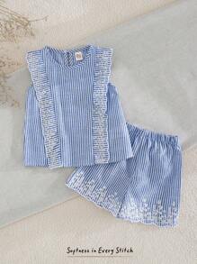 Cozy Pixies 2pcs/Set Baby Girl Striped Crew Neck Sleeveless Top And Elastic Waist Shorts Set Blue Two Piece Set Baby Baby Girl Two Piece Set Blue And White Striped Baby Outfit Baby Girl Summer Outfit Set Baby Girl Short Sets