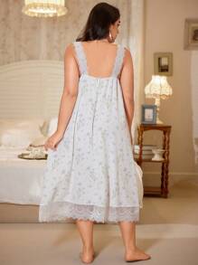 CottageSlumber 大码浪漫雏菊泡泡皱印花蕾丝拼布睡袍，Moo Moo 睡裙