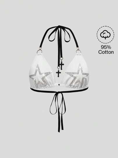 Grunge Punk Top tipo bralette con detalles de estrellas de pedrería, estilo grunge de festival de música de la década de 2000, color rosa claro