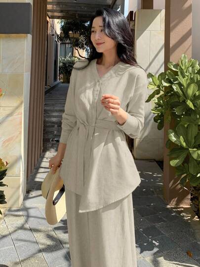 DAZY Conjunto de 2 piezas de blusa asimétrica elegante y pantalón de pierna ancha para mujer, ropa de mujer para otoño