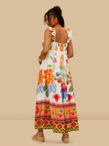 Travachic Damen Große Größen Mehrfarbiges Blumenprint Boho Stil Kleid mit Kappärmeln und Twist Vorderseite, geeignet für Sommerurlaub