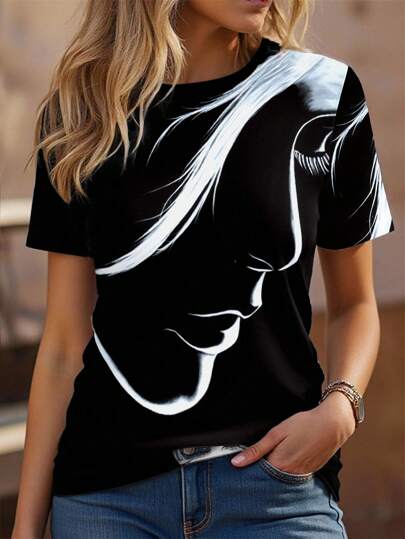 Abstract Print Crew Neck T-Shirt, Casual Short Sleeve Top For Spring & Summer, Women's Clothing