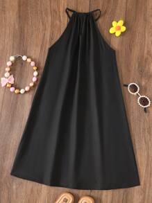 SHEIN 青少年女孩休闲度假彩色花卉热带印花喇叭直筒连衣裙 - 黑色 - 查看 3