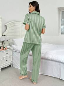 SHEIN Satin-Like Striped Jacquard Contrasting Color Trim Collar Pajama Set - Green - View 2