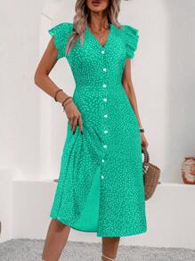 Breezaya 女士时尚波尔卡圆点印花盖袖纽扣连衣裙