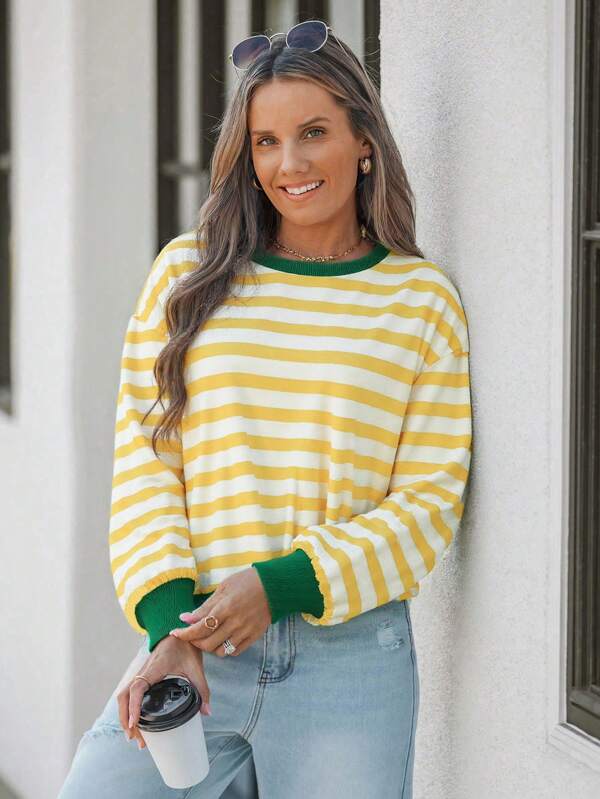 Wildy Women's Green Striped & Fuchsia Loose Casual Long Sleeve Sweatshirt