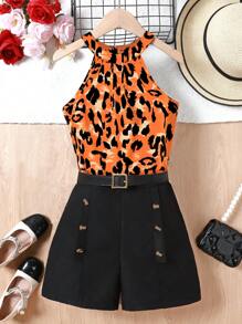 SHEIN Conjunto de top halter con hombros descubiertos y estampado de leopardo, talla grande pantalón corto con decoración de botones, para niños en verano - Naranja - Ver 1
