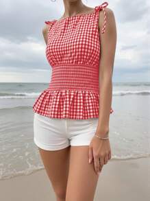 SHEIN EZwear 大码女式波西米亚风红白格子短款无袖上衣 - 紅白色 - 查看 4