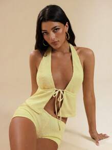 SHEIN BAE 女士奶油黄纯色性感低腰迷你短裤/度假热裤/伊比沙岛服装/女士夏季短裤 - 黃色 - 查看 1