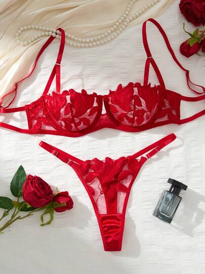 Esselle Verleidelijke Maple Leaf Kanten Bralette Lingerie Set, Semi Doorschijnende view 3