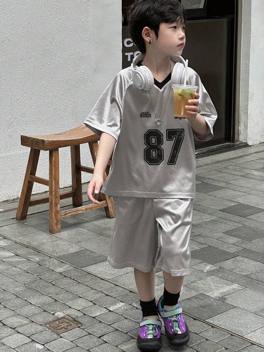 DAZY Tween Boys Street Casual Loose Print T-Shirt And Loose Shorts Set,Back To School Clothes