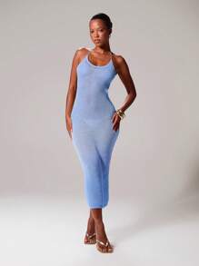 MUSERA 挂脖钩针轻质针织吊带修身渐变色长裙伊比沙岛性感度假春夏节日狂欢沙滩装婚礼宾客 - 藍色 - 查看 4