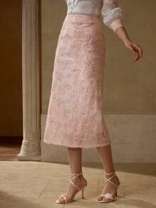 MOTF PREMIUM 提花花卉图案撞色亮片开衩直筒裙 - 粉色 - 查看 4