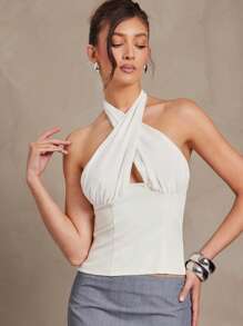 L'Amorae Blusa de verano de mujer de unicolor con pliegues y cruce en el cuello halter