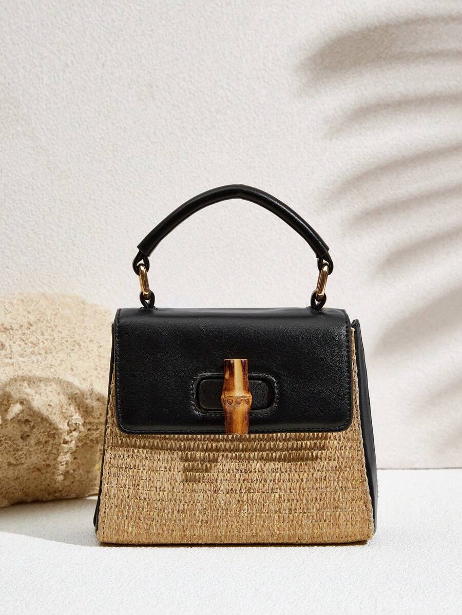 SHECARRY 竹制纽扣撞色拼接手提包