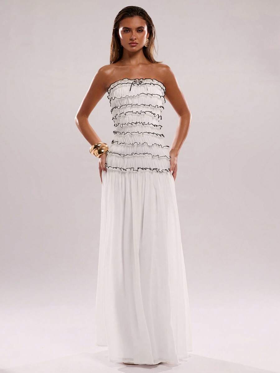 SHEIN BAE Váy Maxi Không Tay Thanh Lịch Xếp Ly, Màu Trắng Trơn, Mùa Xuân/Hè, Thích Hợp Cho Các Buổi Hẹn Hò, Đám Cưới, Sinh Nhật - trắng - Xem 1
