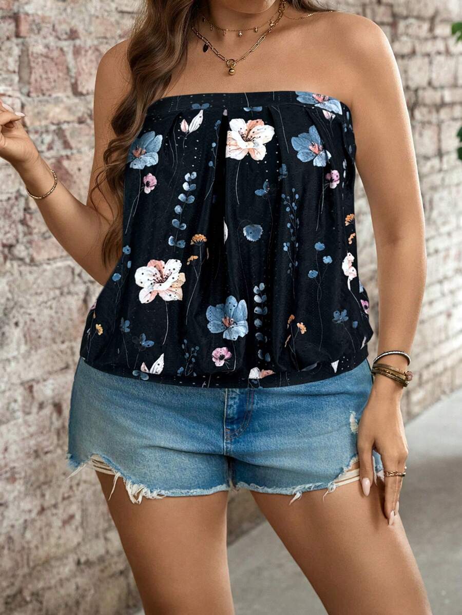SHEIN LUNE Damen Top in Große Größen, trägerloses, modisches Sommer-Design - Schwarz - Übersicht 1
