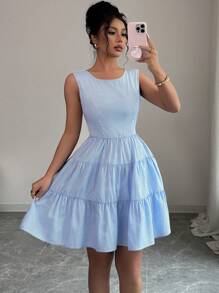 Elenzga 女式夏季条纹露背蝴蝶结装饰无袖休闲连衣裙 - 藍色 - 查看 5