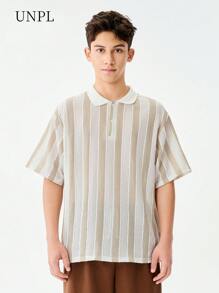 SHEIN 1pc Oversized Textured Knit Polo Shirt For Teenage Boys, American Streetwear Style, Vintage Collar T-Shirt, Suitable For School, Travel, Daily Wear, Skateboarding, Music Festivals, Clean Fit - White - View 1