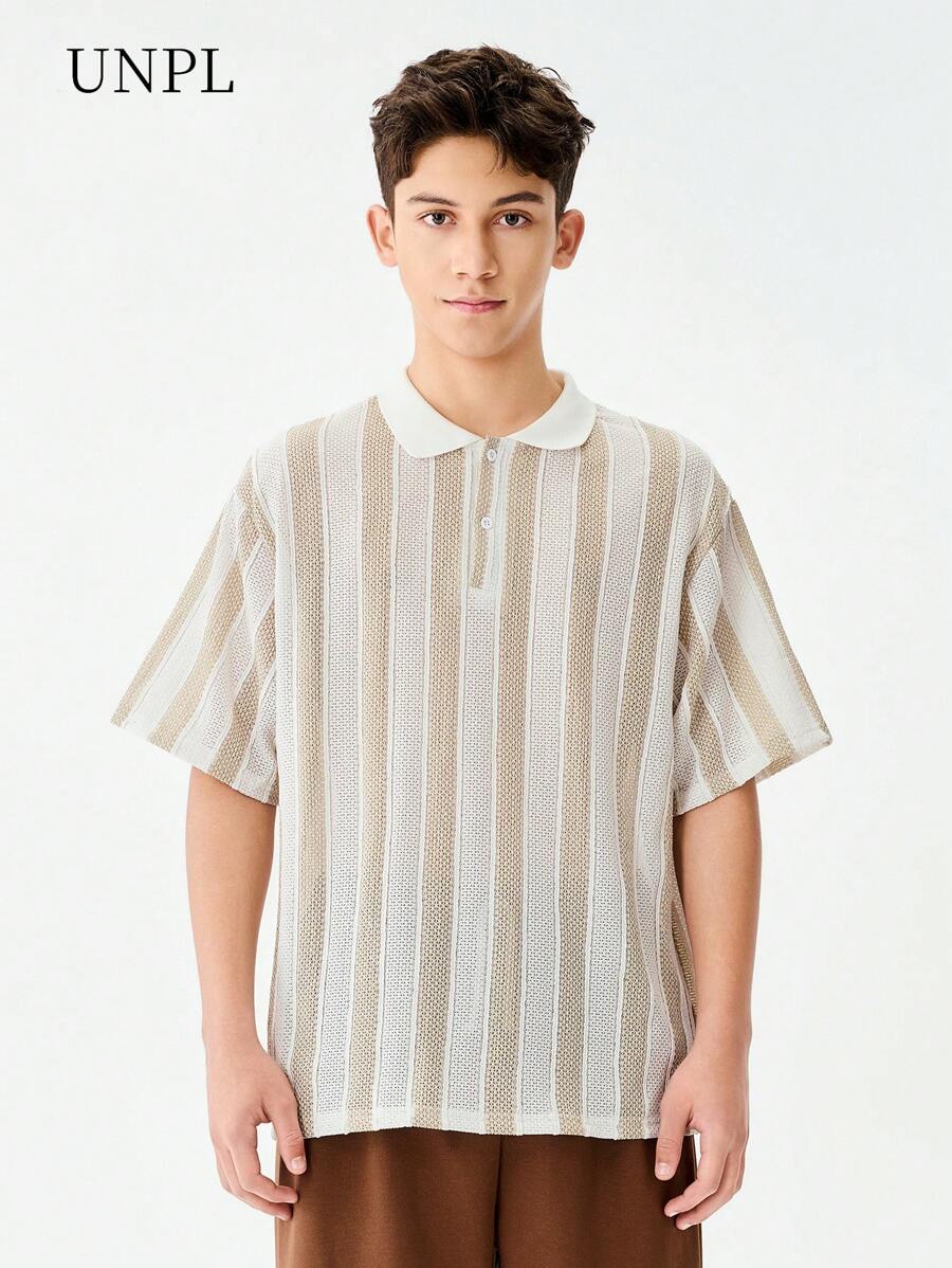 SHEIN 1pc Oversized Textured Knit Polo Shirt For Teenage Boys, American Streetwear Style, Vintage Collar T-Shirt, Suitable For School, Travel, Daily Wear, Skateboarding, Music Festivals, Clean Fit - White - View 1
