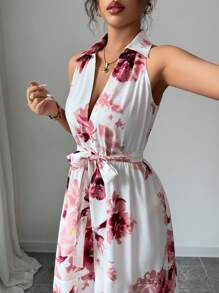 Elenzga 女士优雅浪漫花卉印花系腰中长款无袖连衣裙 - 彩色 - 查看 3